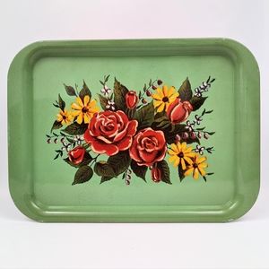 #2 Vintage Tole Painted Metal Tray Retro Floral Roses Cottage Farmhouse Country